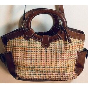 Vintage Y2K Fossil Purse Multicolored Woven Straw w/ Leather Accent Tote Bag